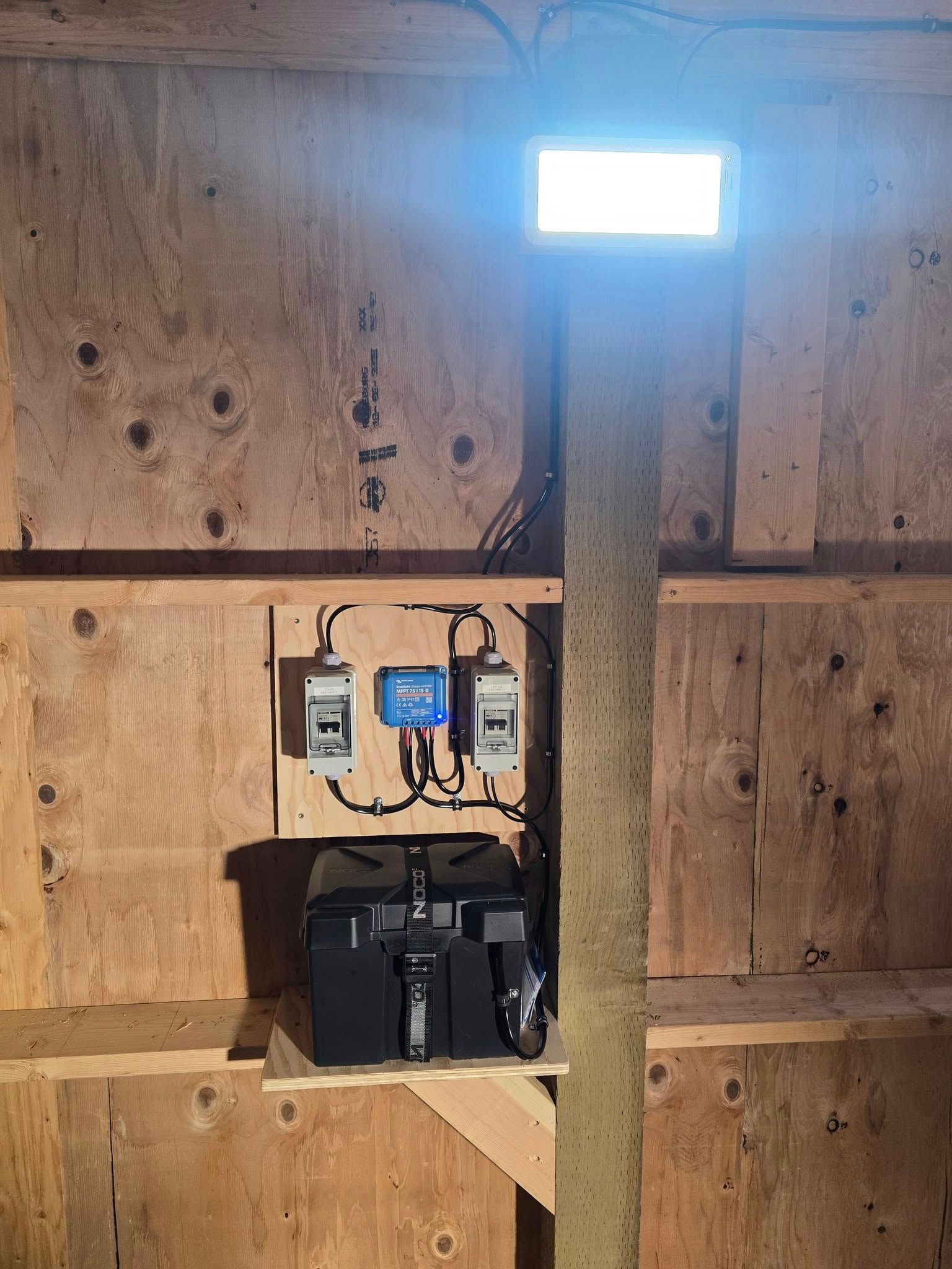 Solar panel electrical components mounted on wooden wall. Includes a battery, charge controller, and circuit breakers.