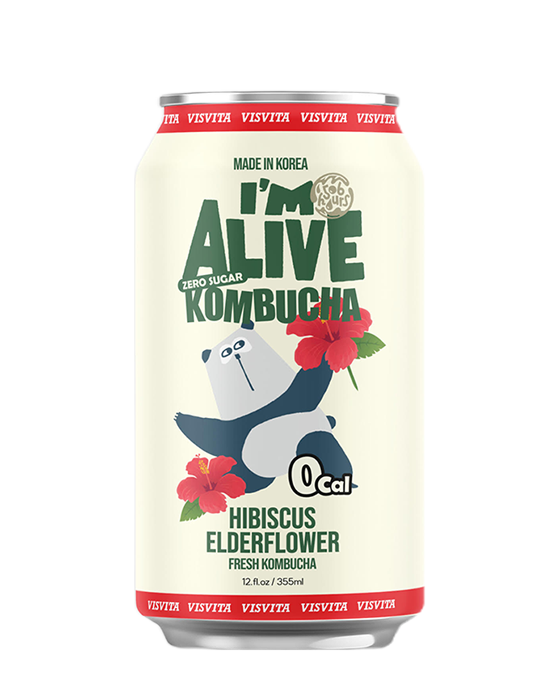 Can of I'M ALIVE kombucha with a cartoon panda and hibiscus flowers. Says 