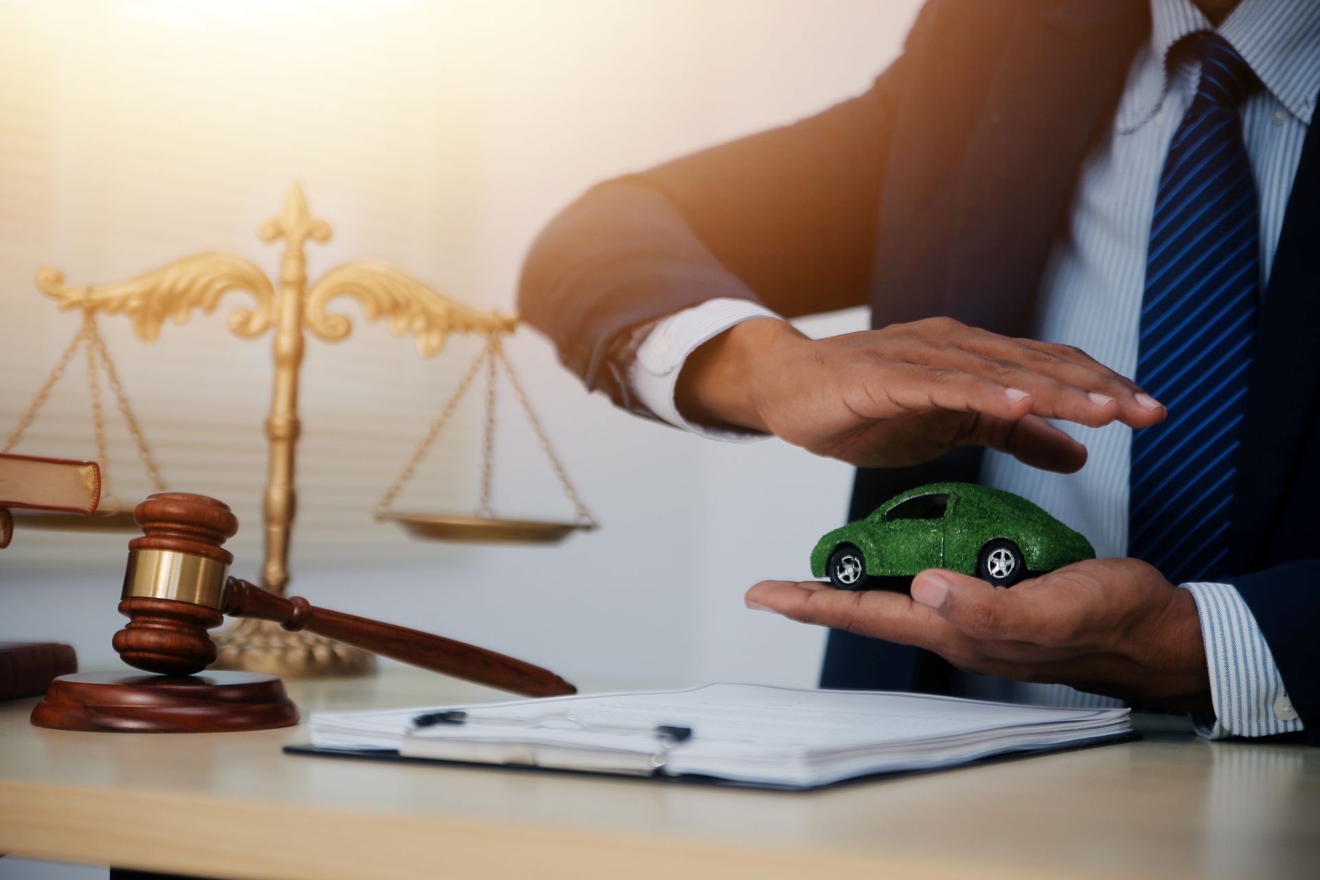 A gavel on a table and a miniature car in between the hands of an accident attorney.
