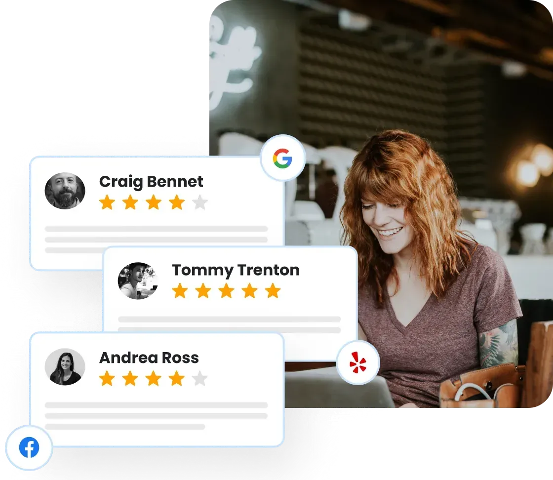 Woman using laptop, smiling, with overlaid customer review cards from Google, Yelp, and Facebook.