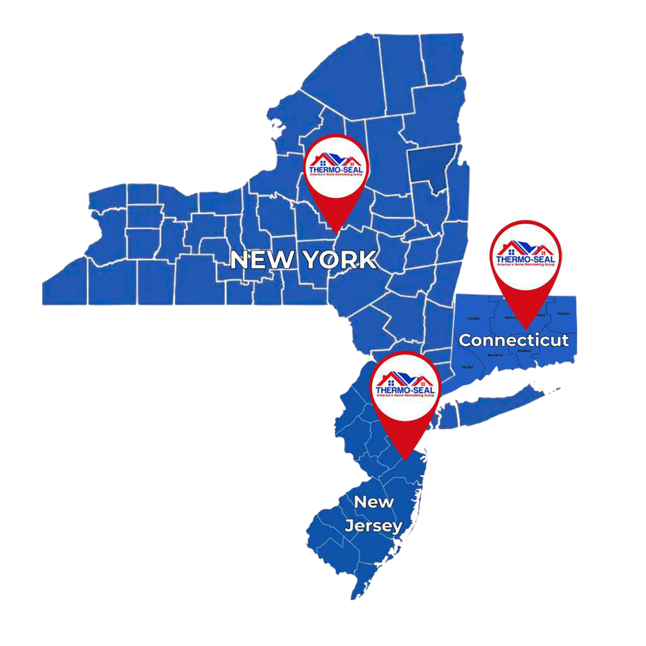 Map of New York, New Jersey, and Connecticut with three business locations marked.