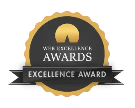 Web Excellence Award gold-trimmed circular emblem on a dark background with a black banner reading