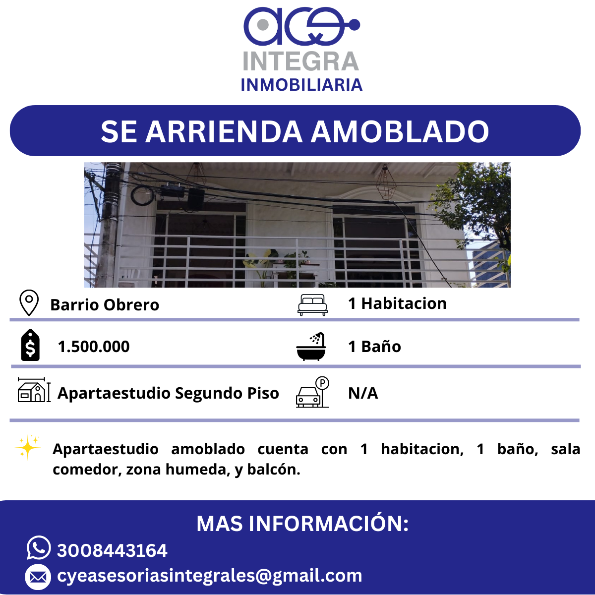 <p class="rteBlock">Se arrienda apartaestudio amoblado en el barrio obrero cerca al supermercado los ibañez, cuenta con 1 habitación, 1 baño, sala comedor, cocina, balcón y zona húmeda.</p>