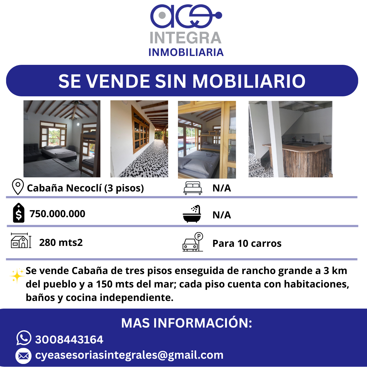 <p class="rteBlock">Cuenta con 3 pisos:</p><p class="rteBlock">Tercer piso: apartaestudio con baño y cocina.</p><p class="rteBlock">Segundo piso: 3 habitaciones, 2 baños, cocina y terraza.</p><p class="rteBlock">Primer piso: cocina y 2 habitaciones, un parqueadero para 10 carros.</p>