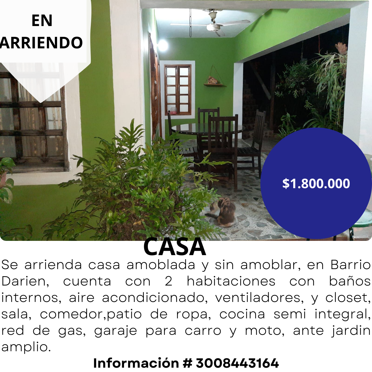 <p class="rteBlock">Se arrienda casa, en Barrio Darien, cuenta con 2 habitaciones con baños internos, aire acondicionado, ventiladores, y closet, sala, comedor,patio de ropa, cocina semi integral, red de gas, garaje para carro y moto, ante jardin amplio. </p>