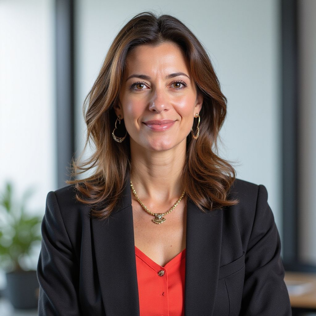 Woman in business attire smiles, wearing a blazer and gold jewelry, in an office setting.