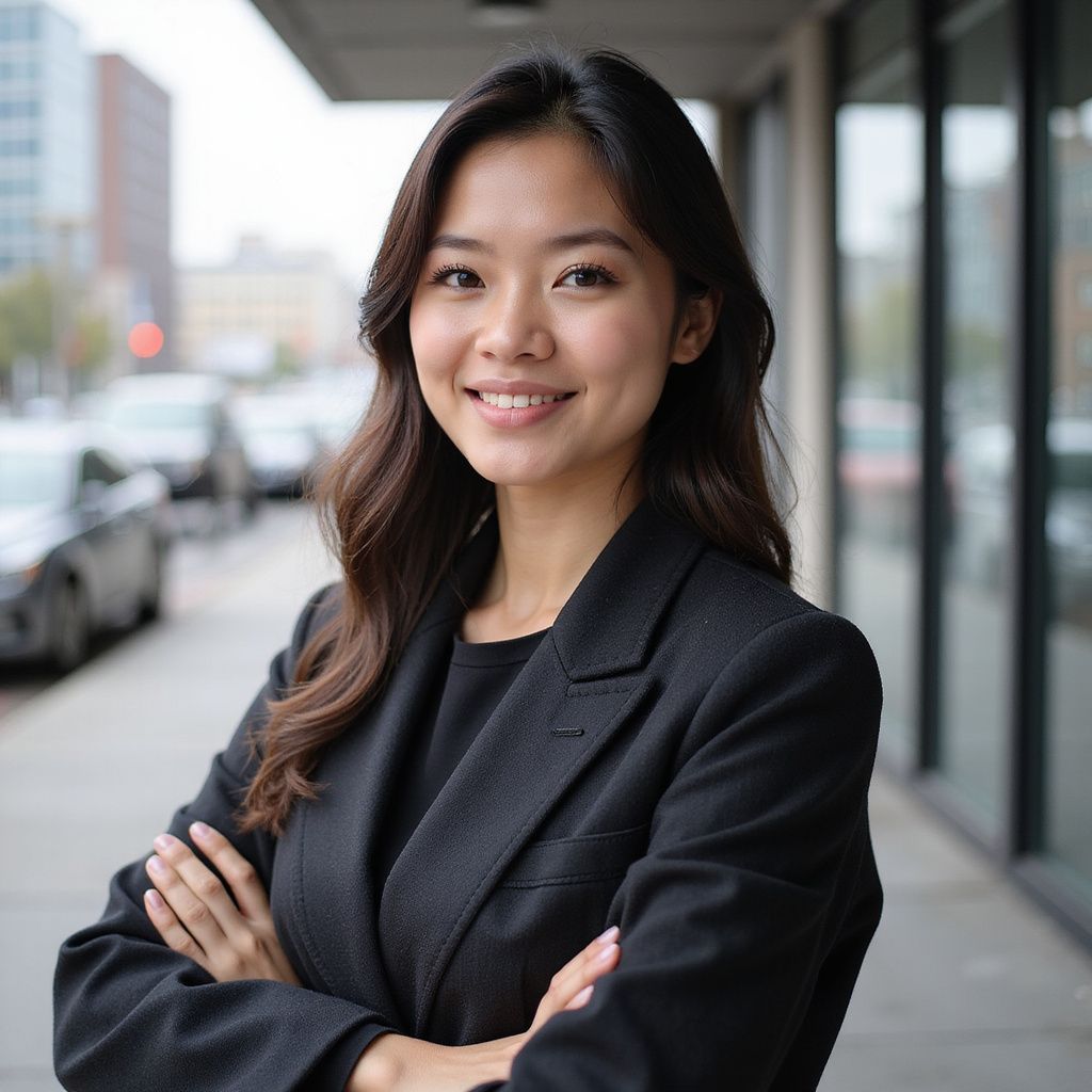 Woman with crossed arms wearing a black blazer, smiling outside a building.