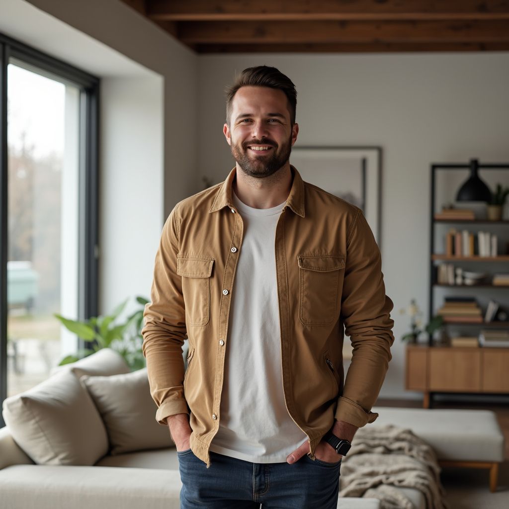 Man smiling in a tan shirt and jeans in a living room with hands in pockets.