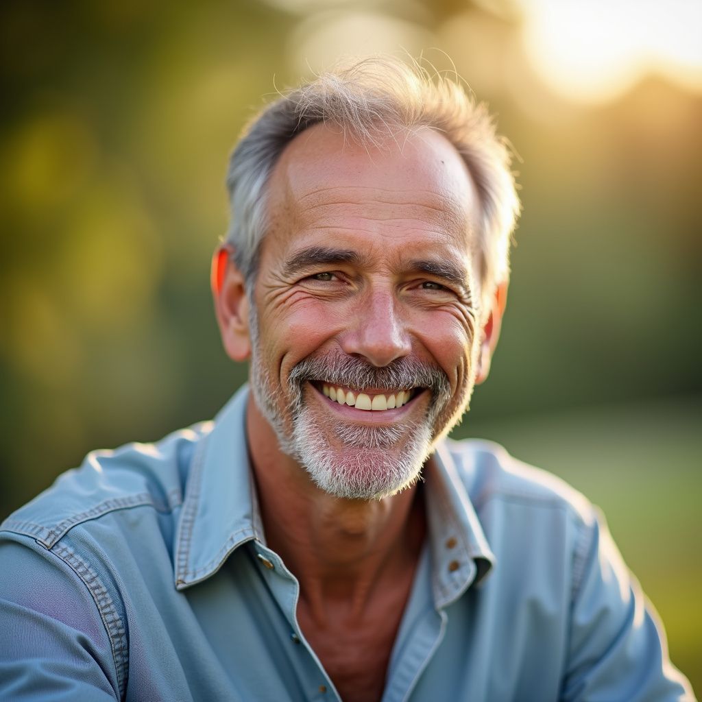 Smiling older man with gray hair and beard, outdoors in a blue shirt.