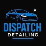 A logo for dispatch detailing with a blue car on a black background.