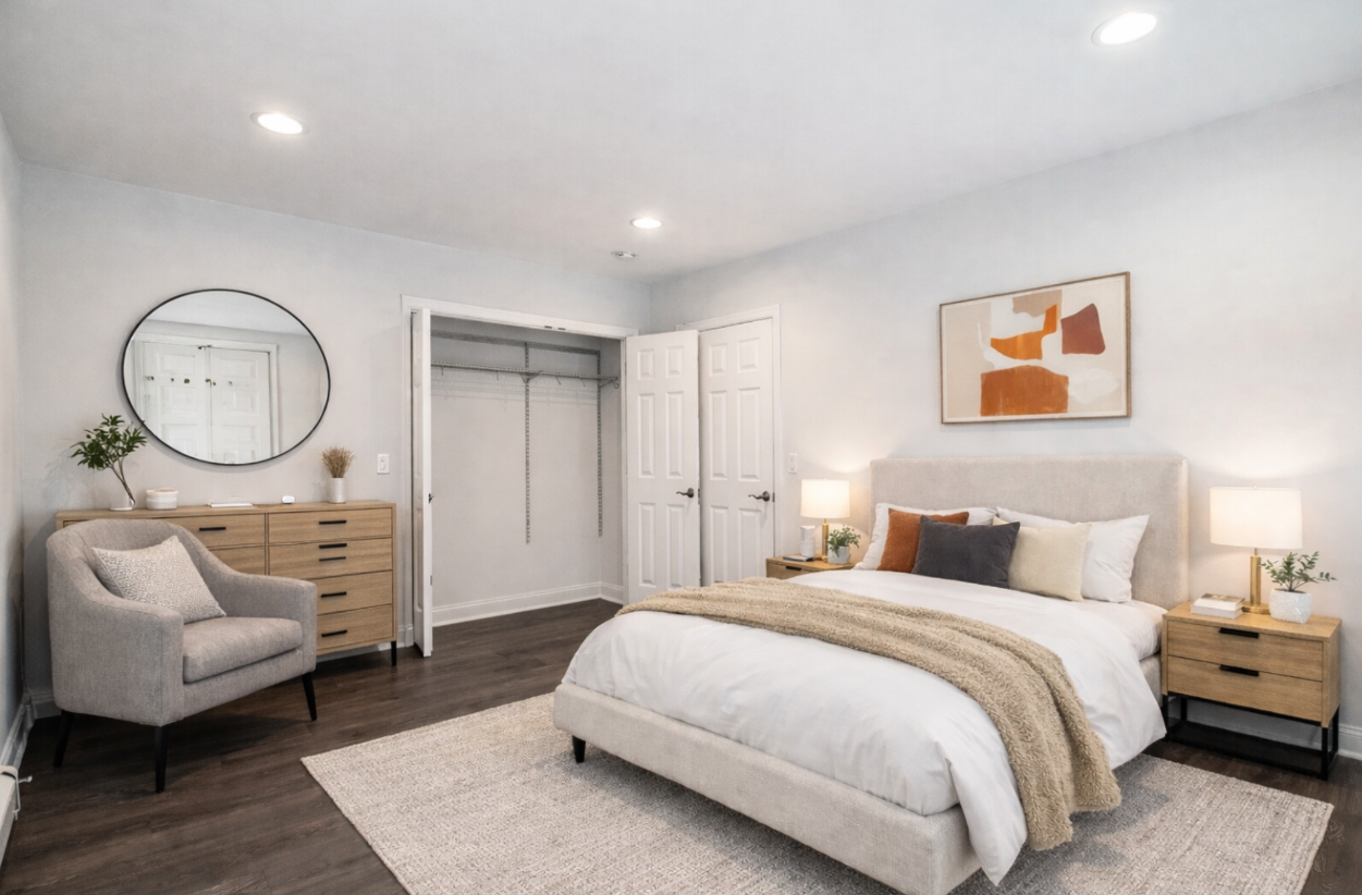 Bedroom with bed, closet, dresser, chair, round mirror, and artwork. Light gray walls, wood floors.