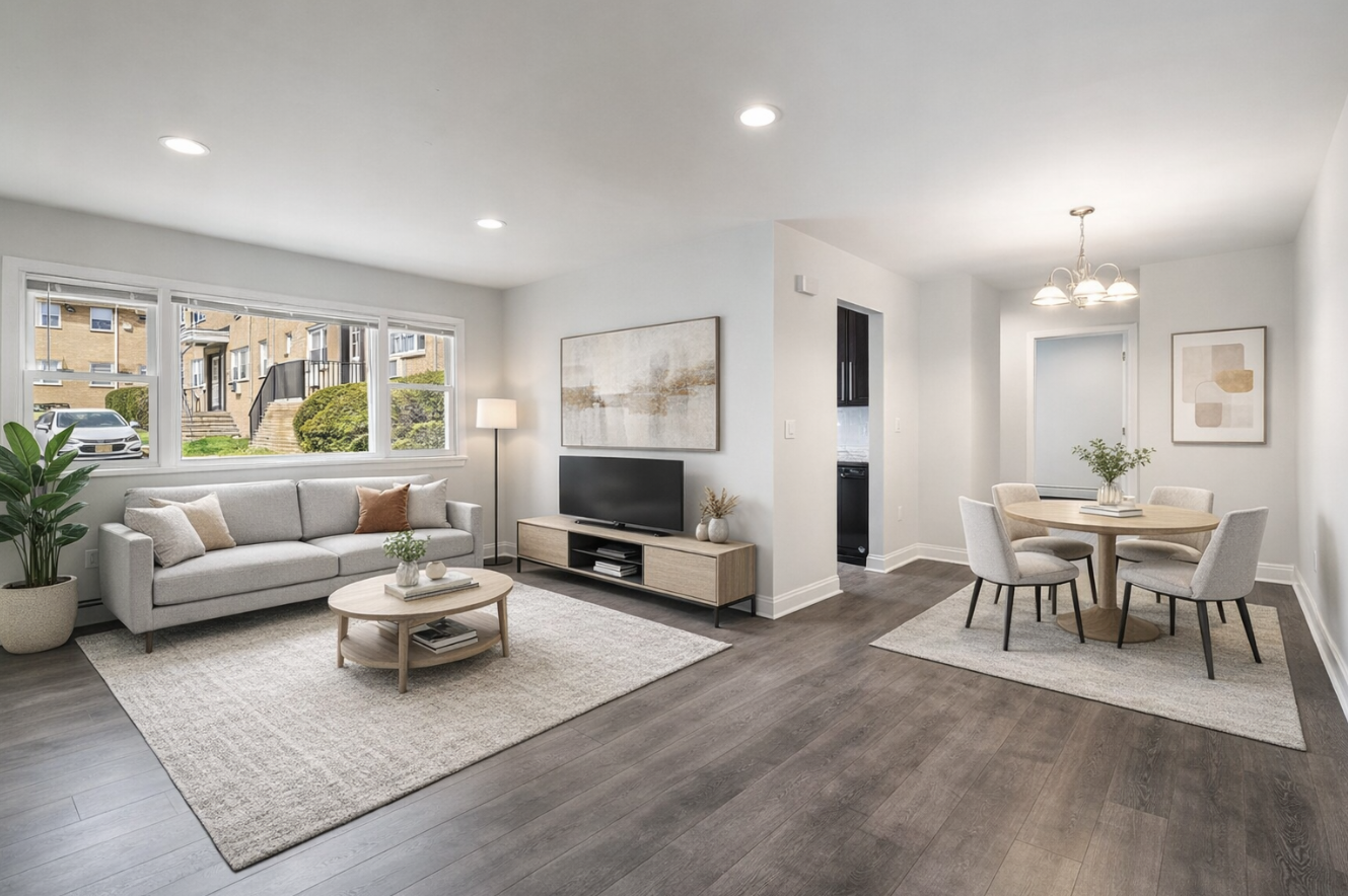 Bright, open-concept living room with gray couch, rug, round dining table, and large window overlooking a street.