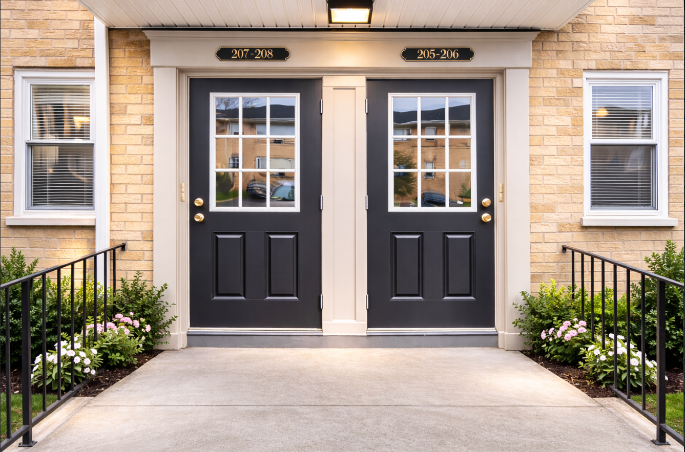 Two black doors with glass panels, flanked by windows, lead into a building.