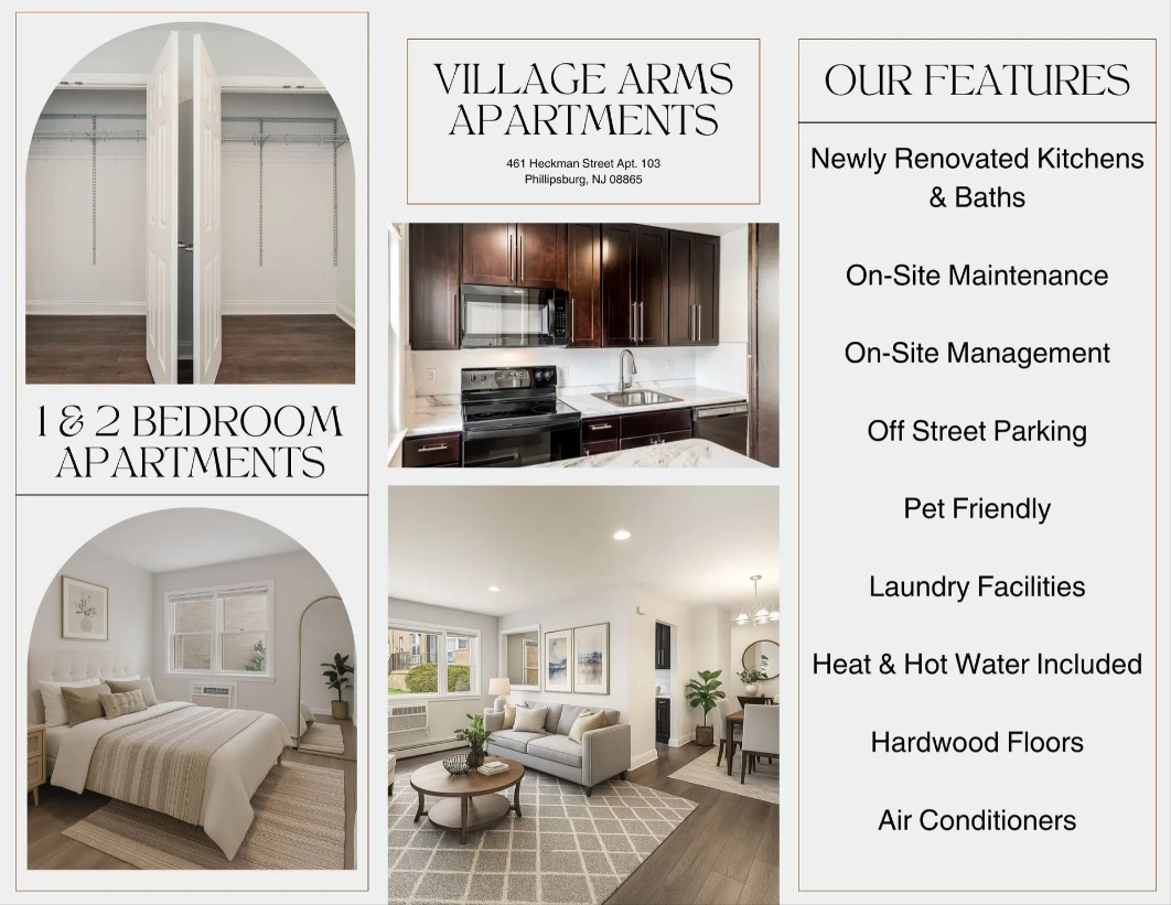Apartment complex ad with photos of rooms and listed features: kitchens, on-site maintenance, parking, etc.
