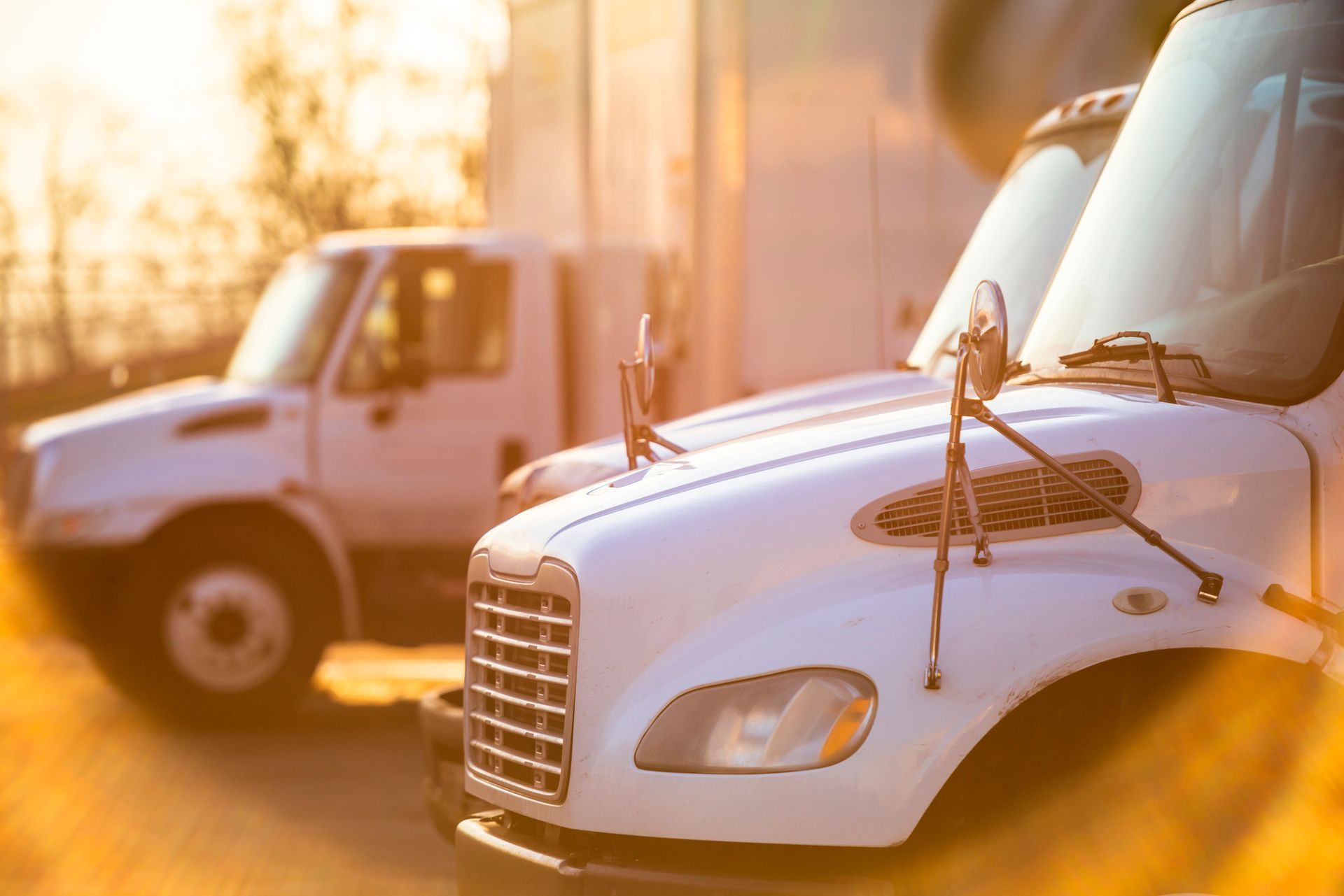 White semi-trucks parked outdoors, with bright sunlight.