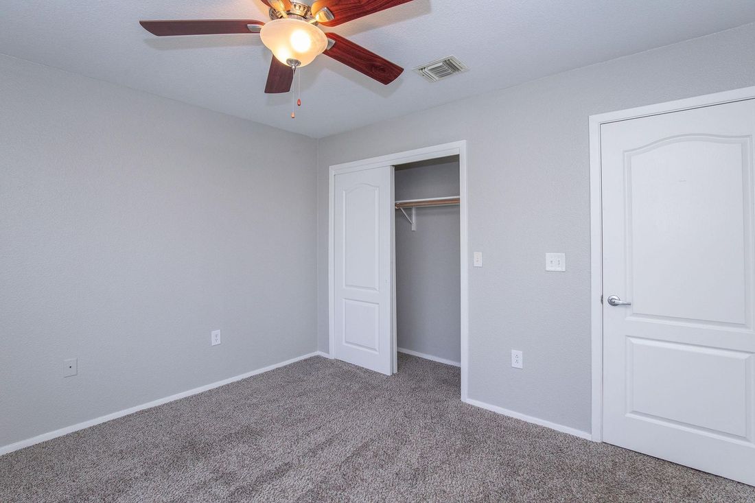 Bedroom with gray walls, closet, carpet, and ceiling fan.