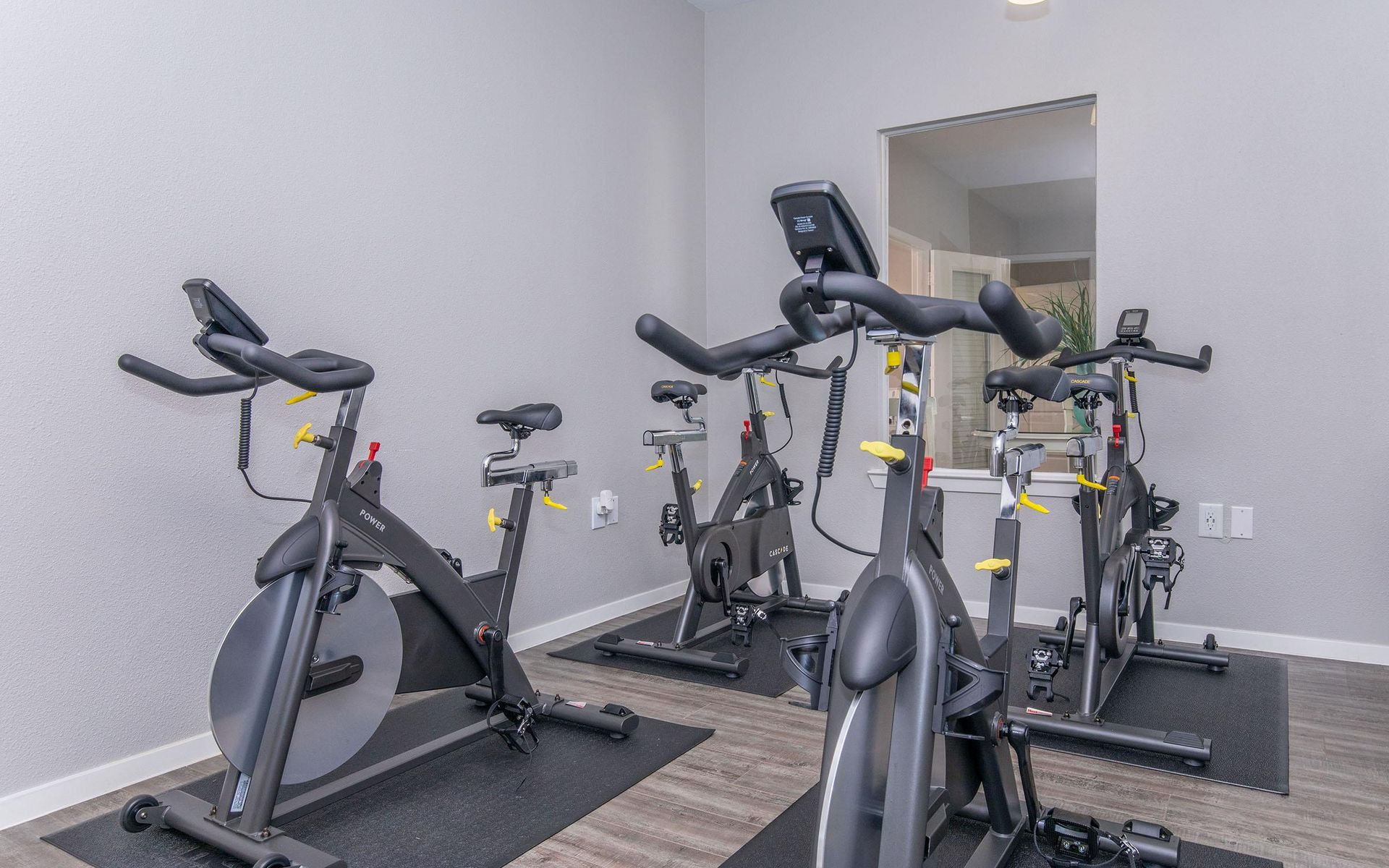 Spin bikes in a gym, with a doorway reflecting more bikes and a light fixture.
