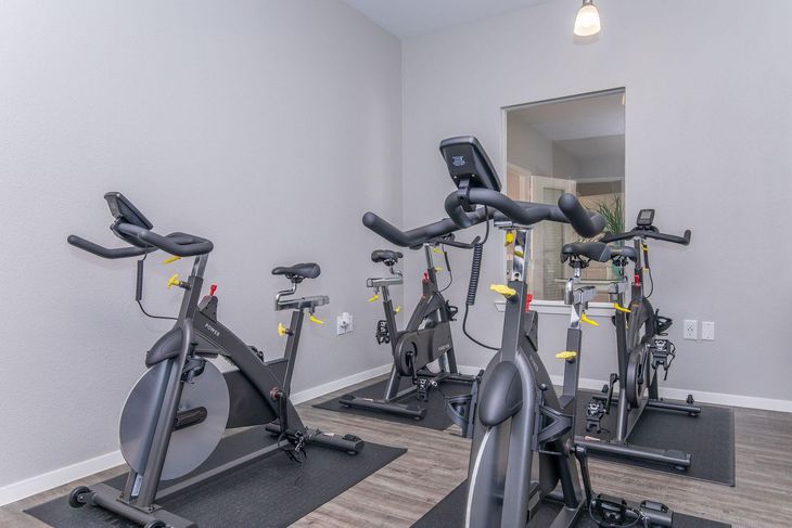 Spin bikes in a gym, with a doorway reflecting more bikes and a light fixture.
