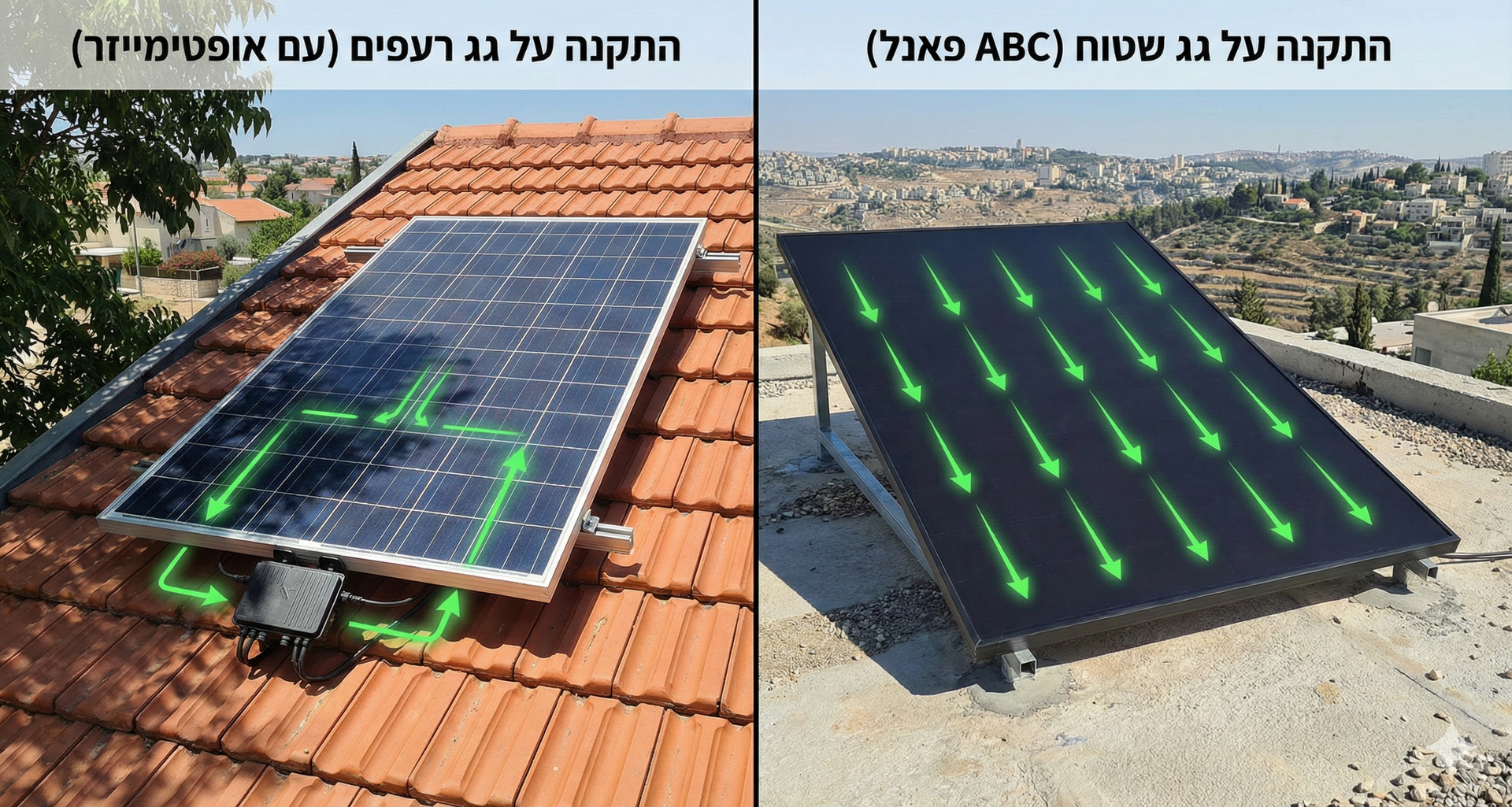 השוואה בין התקנות פאנלים סולאריים: גג עם רעפים (משמאל) וגג שטוח (מימין).