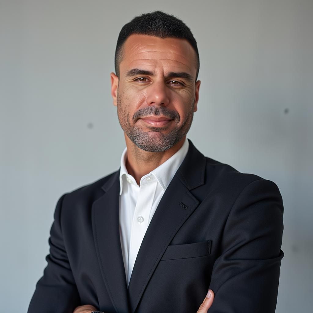 גבר בחליפה וחולצה לבנה, ידיו שלובות