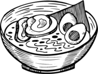 Bowl of ramen with noodles, eggs, and meat, topped with seaweed.