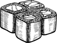 Sushi rolls, close-up, four pieces arranged together, black and white illustration.