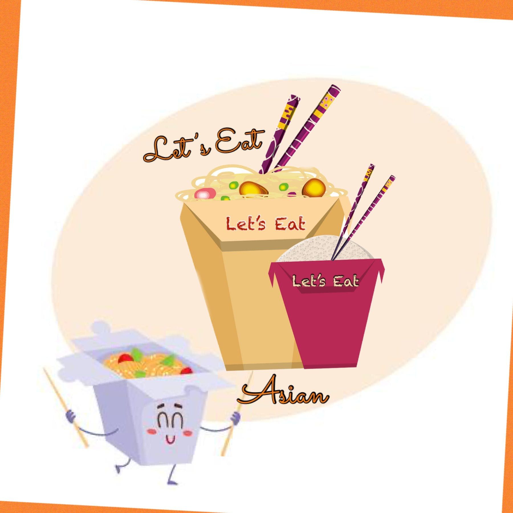 Cartoon of Asian food takeout boxes and chopsticks; text 