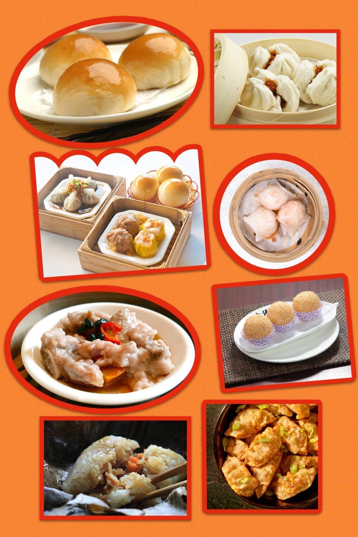 Assortment of dim sum dishes: steamed buns, dumplings, and various savory pastries on an orange background.
