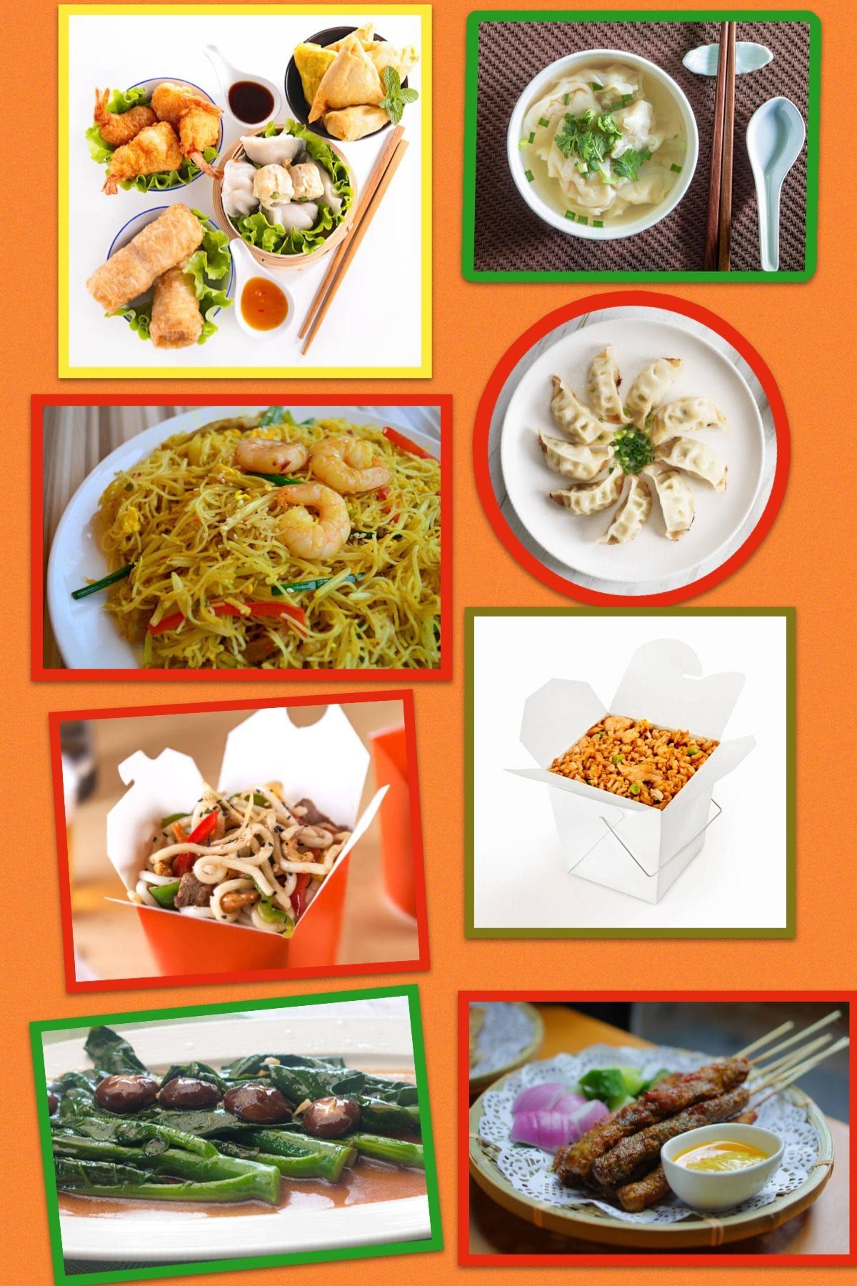 Assortment of Asian dishes: fried rice, dumplings, noodles, spring rolls, soup, and satay skewers.