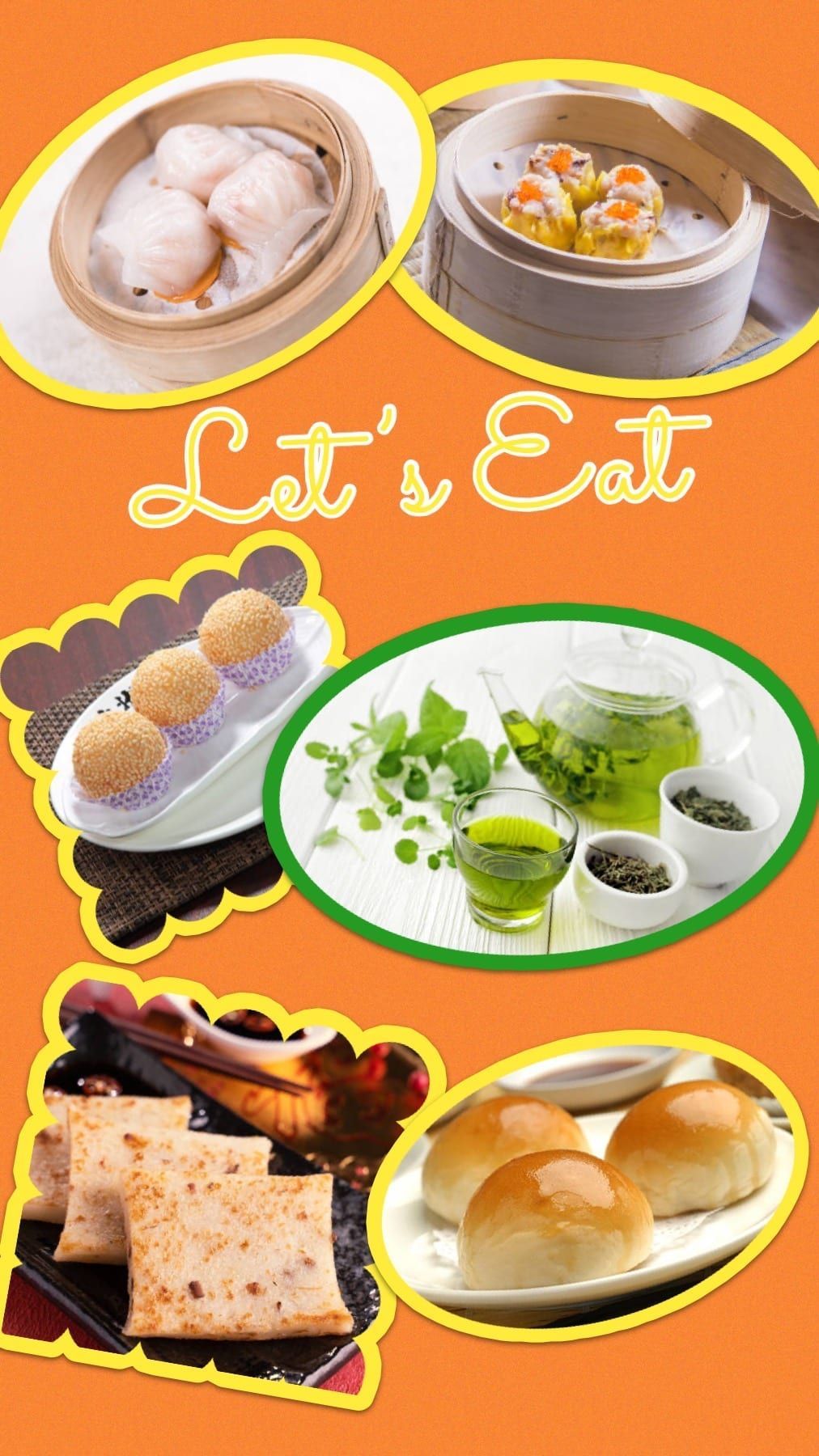 Assortment of Asian cuisine: dim sum, fried sesame balls, tea, taro cakes, and steamed buns, with 