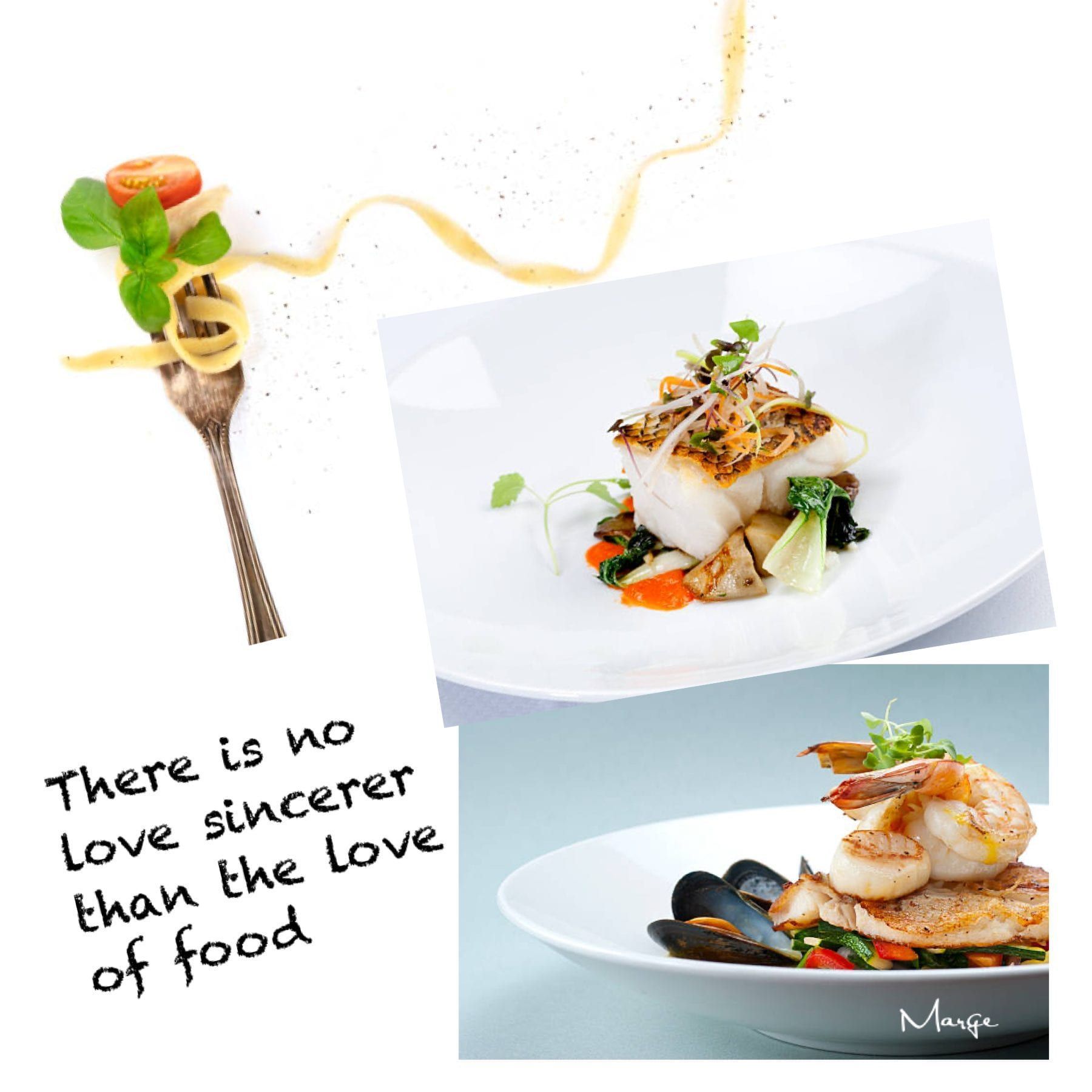 Three gourmet plates of food with text, 