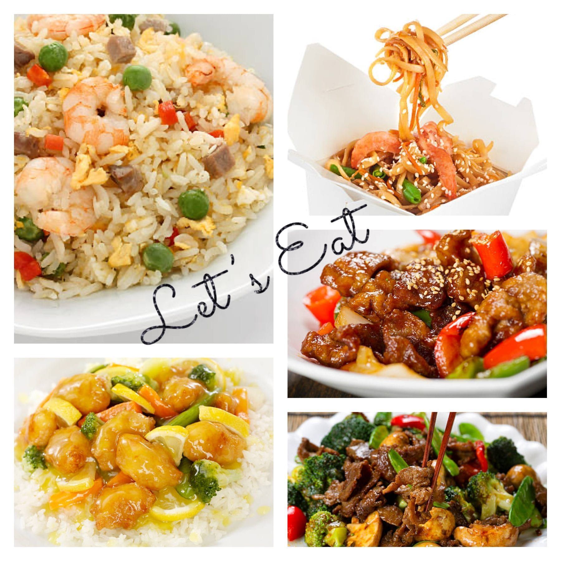 Collage of Chinese food: shrimp fried rice, noodles, sesame chicken, lemon chicken, beef and broccoli.