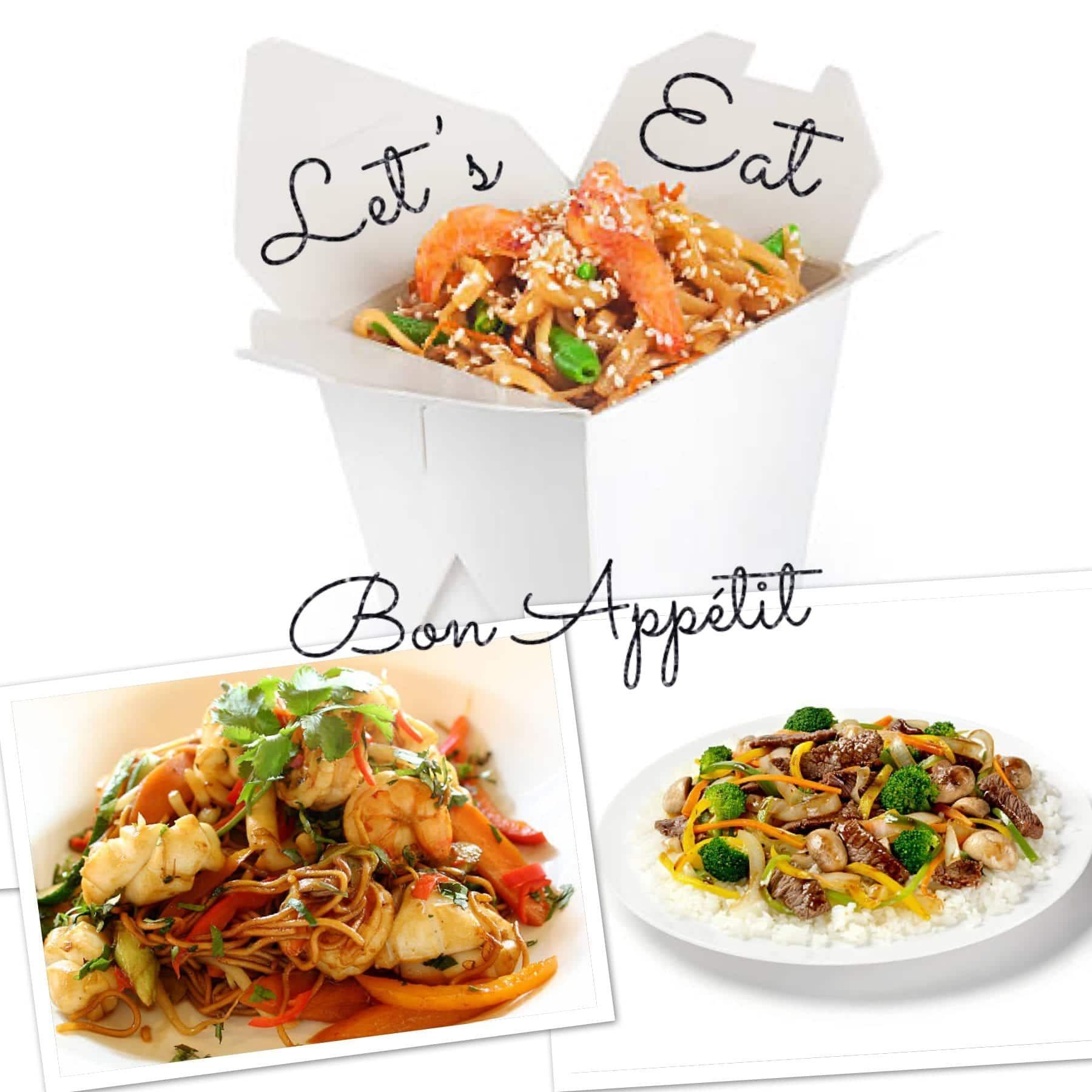 Takeout noodles with shrimp, beef and broccoli stir-fry, 