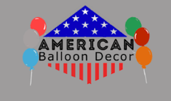 A logo for american balloon decor with balloons in the background