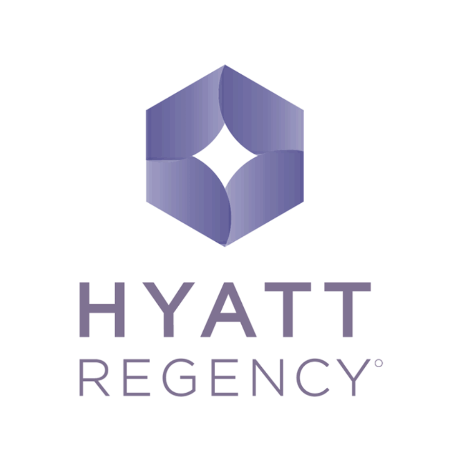 The logo for hyatt regency is a purple hexagon with a diamond in the middle.