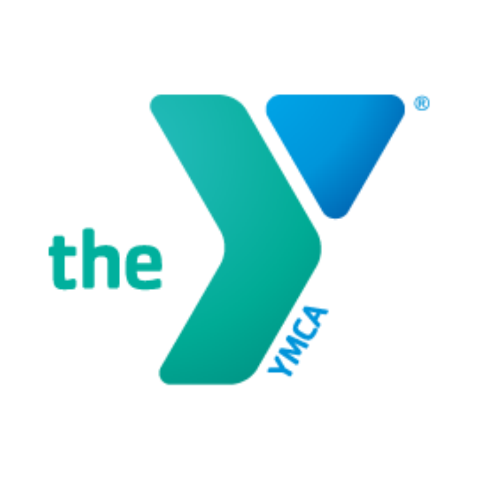 A logo for the ymca with a blue arrow