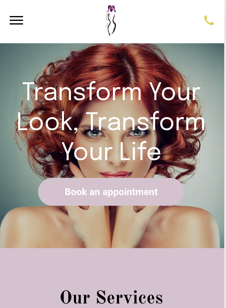 A woman with red hair is on a website that says transform your look transform your life.