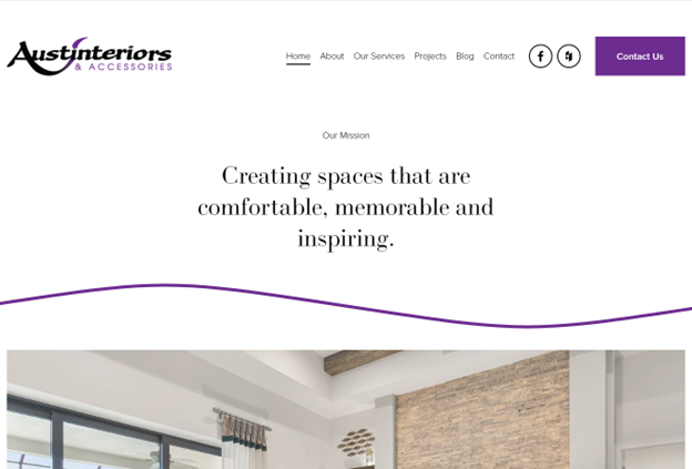 A website for austin interiors and accessories shows a living room