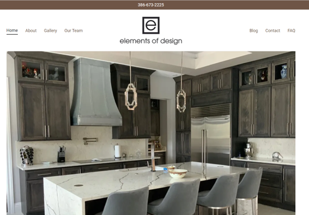 The website for elements of design shows a kitchen with a large island.
