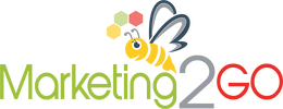 A logo for marketing 2 go with a bee and honeycombs