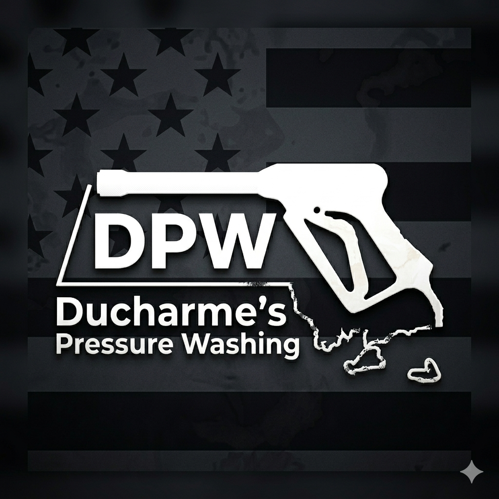 DPW Ducharme&rsquo;s Pressure Washing logo with white pressure washer over a dark American flag background