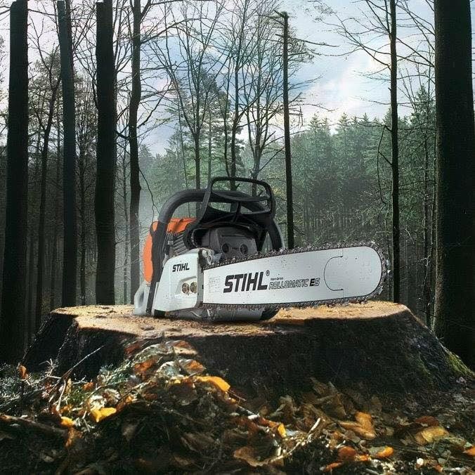 A STIHL Chainsaw Is Sitting On Top Of A Tree Stump — Ken Matthews Auto & Mower Centre In Ulladulla, NSW