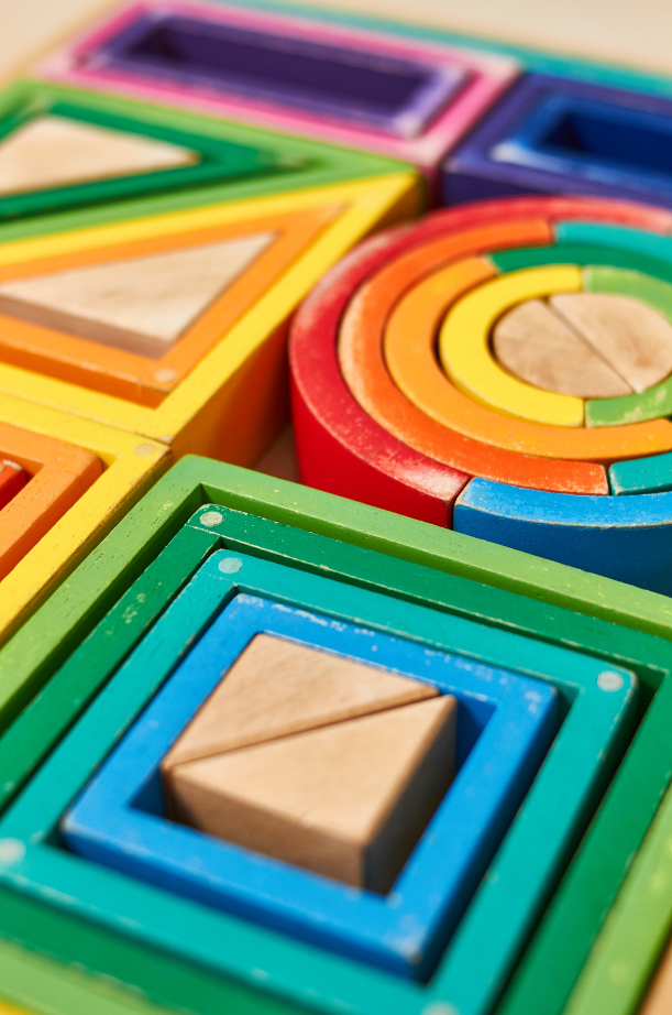 Montessori geometrical color shapes arranged in a box