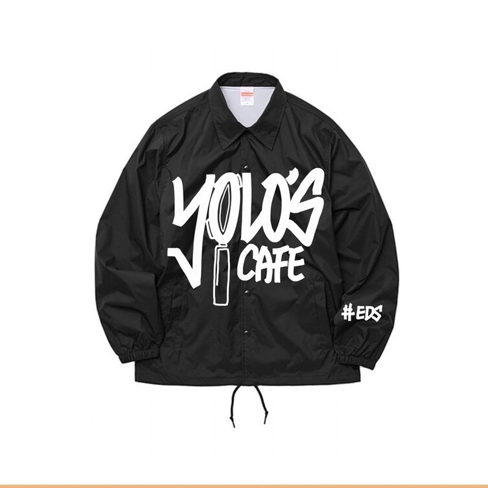 A black jacket with the words yolos cafe on it