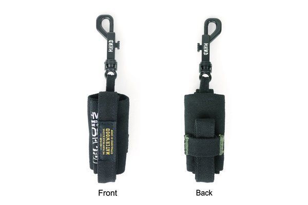 The front and back of a black item with the word wolf on it