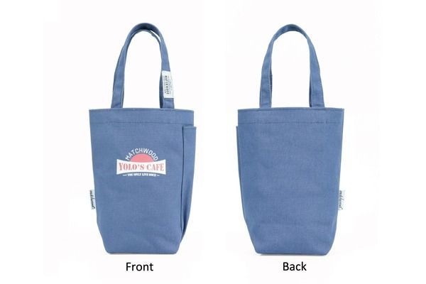 The front and back of a blue tote bag