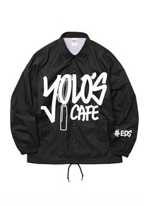 A black jacket with the words yolo 's cafe on it