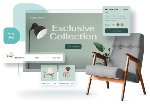 A chair is sitting in front of a computer screen that says exclusive collection