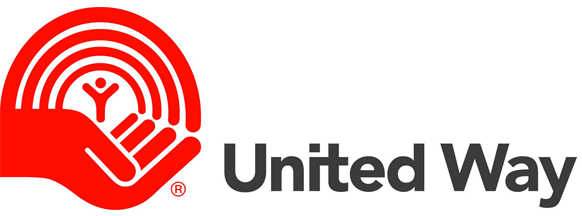 the logo for united way is a red hand with a rainbow in the background .