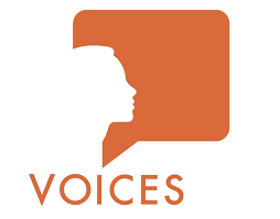 A logo for voices with a speech bubble and a silhouette of a person 's head.